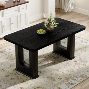 English Elm 64.5 Inch Black Wood Grain Textured Dining Table with Gray Glass Inlay, Robust 1.7" MDF Top, Sleek Design W1151S04297