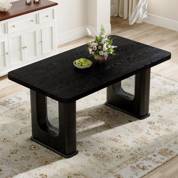 English Elm 64.5 Inch Black Wood Grain Textured Dining Table with Gray Glass Inlay, Robust 1.7" MDF Top, Sleek Design W1151S04297