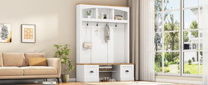 English Elm On-Trend Farmhouse 4-In-1 Hall Tree With Stylish Storage Bench, Hooks, And Adjustable Shelves, White N721S000038K