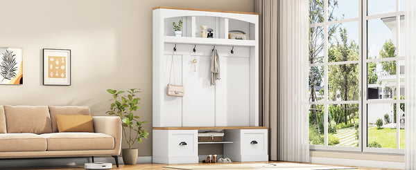 English Elm On-Trend Farmhouse 4-In-1 Hall Tree With Stylish Storage Bench, Hooks, And Adjustable Shelves, White N721S000038K