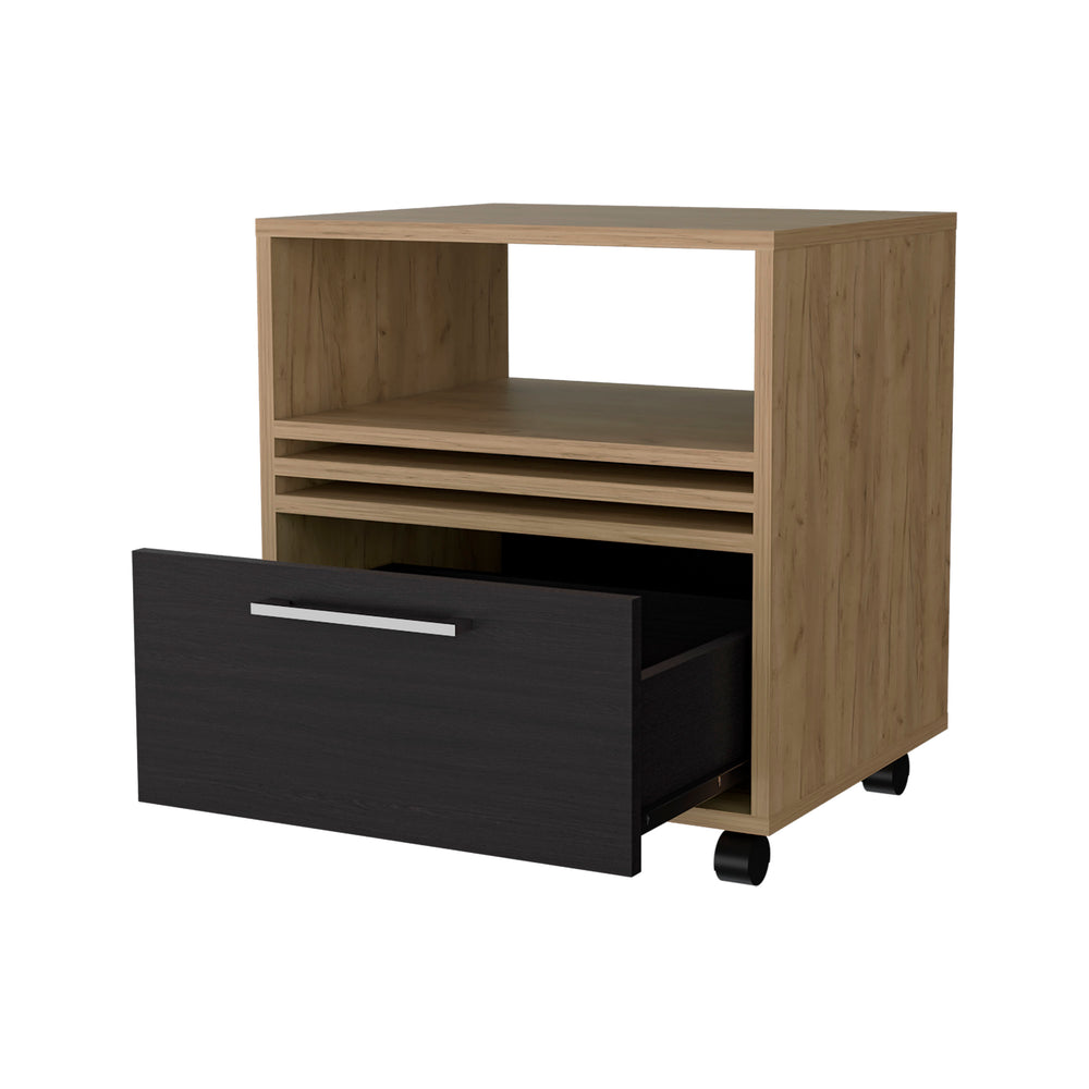 English Elm Saxon Modern Nightstand with Drawer & Open Shelf, Natural Oak Finish, Minimalist Bedroom Storage B128P263722