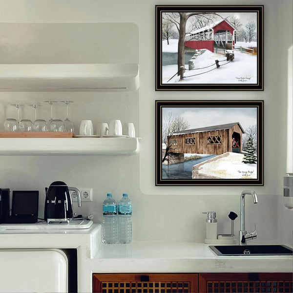 English Elm Trendy Decor 4u Winter Covered Bridge 2 Piece Framed Folk Art Print Set B067P254122