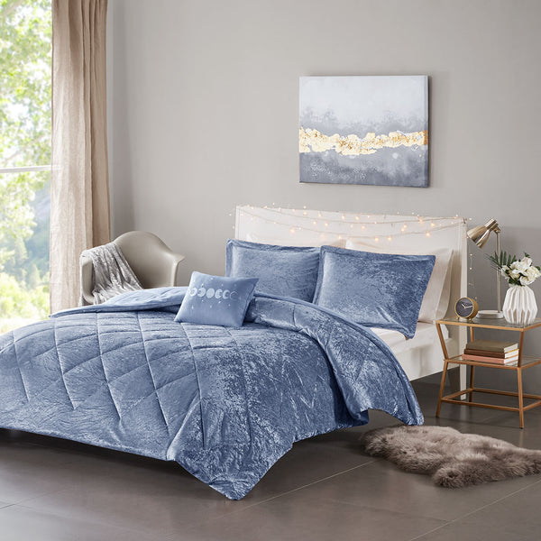 JLA Home Intelligent Design - Velvet Crushed-Quilted Comforter Set with Hypoallergenic Fill, Diamond Texture and Plush Decorative Pillow Blue ID10-2157