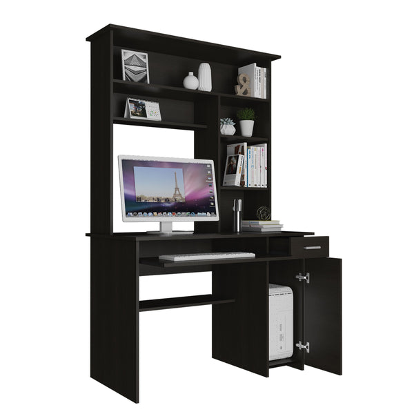 English Elm Compu 180 Hutch Desk With Shelves, Drawer & Keyboard Tray - Stylish Black Design For Small Spaces B200S00006