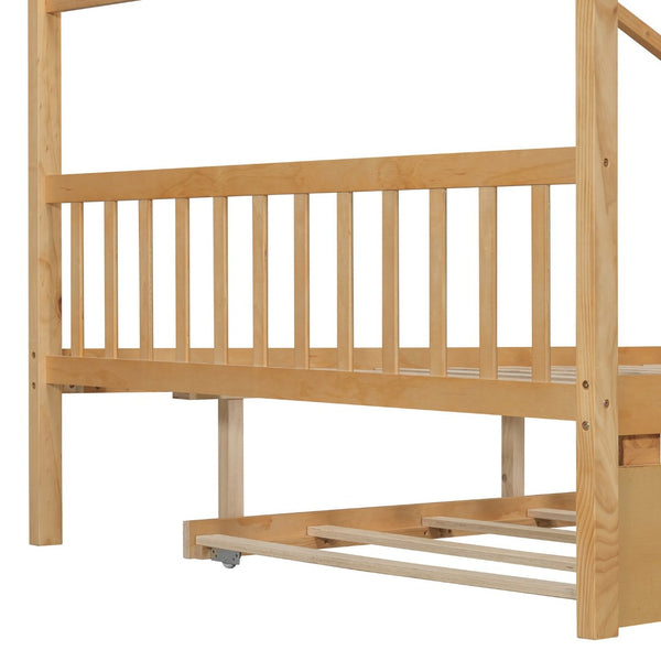 English Elm Full Size House Bed Solid Pinewood Frame with Pull Out Twin Trundle for Kids Natural LP000305AAM-1