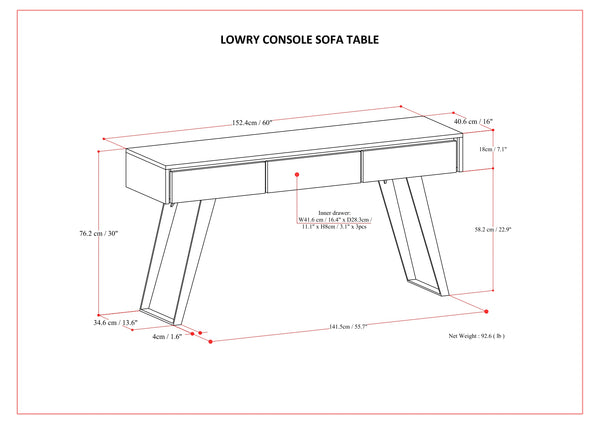 English Elm Lowry Console Sofa Table with Handcrafted Veneer Surface, 3 Drawers & Metal Angled Legs for Durability Oak B136P284185