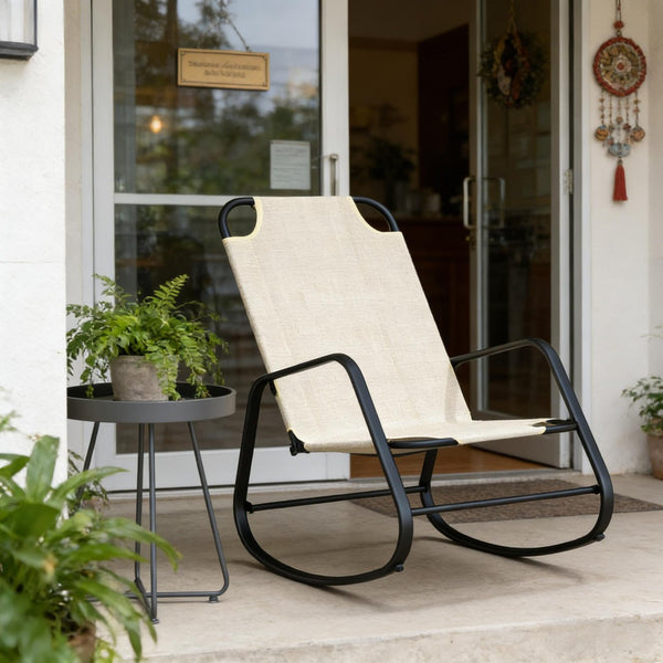 English Elm Relaxing Sling Fabric Outdoor Rocking Chair with Steel Frame for Porch or Poolside Deck T3971P445266
