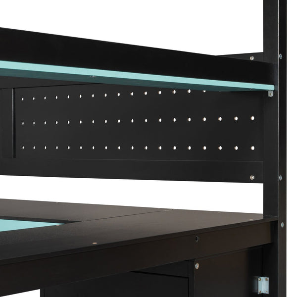 English Elm Full Size Gaming Loft Bed with Led Lighting Desk Shelves and Usb Charging Ports N820S00071C