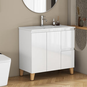 English Elm 36-inch Glossy White Bathroom Vanity with Ceramic Sink Soft Close Drawers Minimalist W3151S00068