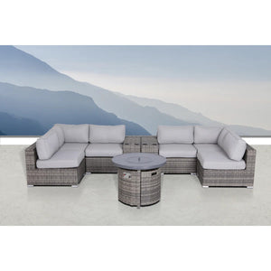 English Elm 9-Piece Luxury Outdoor Sectional Sofa Set with Fire Pit, Plush Cushions, HDPE Wicker in Gray B120S00151
