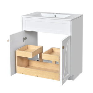 English Elm 30'' Bathroom Vanity With Ceramic Sink Combo - Modern Freestanding Cabinet, Gold Handles & Soft-Close Doors N710P194898K