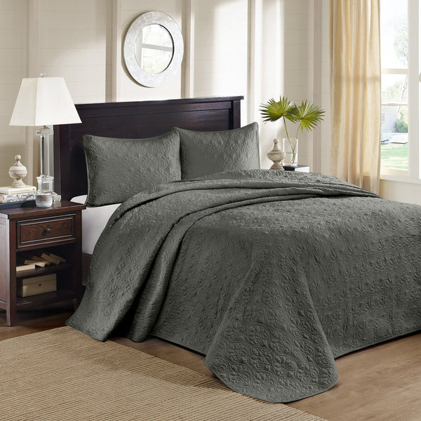 JLA Home Madison Park - 3 Reversible Bedspread Set with Quilted Stitch Texture, Oversized Drape, Antimicrobial Freshness, Soft Cotton Fill Dark Grey MP13-6127