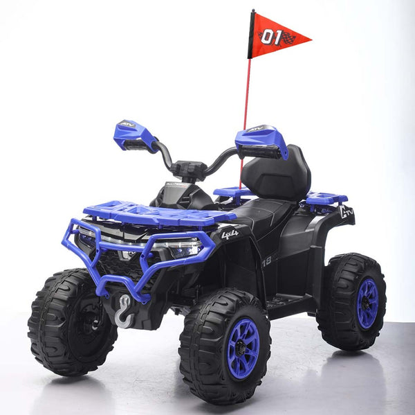 English Elm 24v Ride on Atv for Kids with Dual Motors Led Lights Bluetooth and Rugged Wide Wheelbase Blue W3822P390485