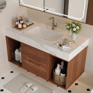 English Elm 39.4 Inch Floating Bathroom Vanity Sintered Stone Top Solid Wood 2 Soft Close Drawers W3136S00034