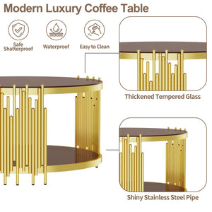 English Elm 31.5inch Modern Luxury Gold Coffee Table with Two-Tier Storage, Tempered Glass Top, Elegant Crown Design Dark Brown W1550P171485
