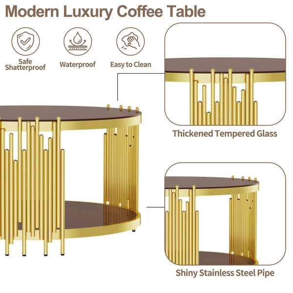 English Elm 31.5inch Modern Luxury Gold Coffee Table with Two-Tier Storage, Tempered Glass Top, Elegant Crown Design Dark Brown W1550P171485