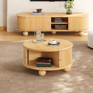 English Elm Round Fluted Pine Wood Coffee Table with Hidden Sliding Door Storage for Living Room Natural N735P369879N