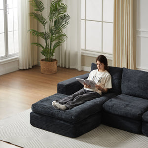 English Elm 99-Inch L-Shaped Sectional Sofa In Black Corduroy, No Assembly, Reversible Chaise & Comfort Pillows W834S00492