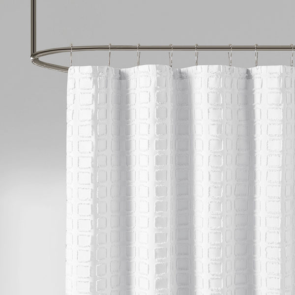 JLA Home Madison Park - Woven Textured Shower Curtain with Clipped Square Weave, Machine Washable, Durable 72x72 Inches White MP70-6707
