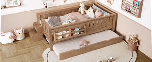 English Elm Twin Kids Platform Bed with Trundle Staircase Bookshelf and Rounded Safety Rails Natural W1580S00558