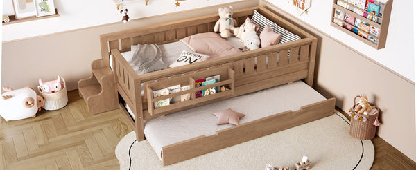 English Elm Twin Kids Platform Bed with Trundle Staircase Bookshelf and Rounded Safety Rails Natural W1580S00558