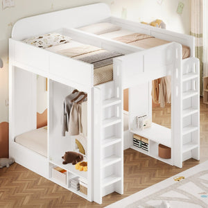 English Elm Triple Bunk Bed Wood Frame with Built in Shelves Hooks for Shared Kids Rooms White N7090004027K