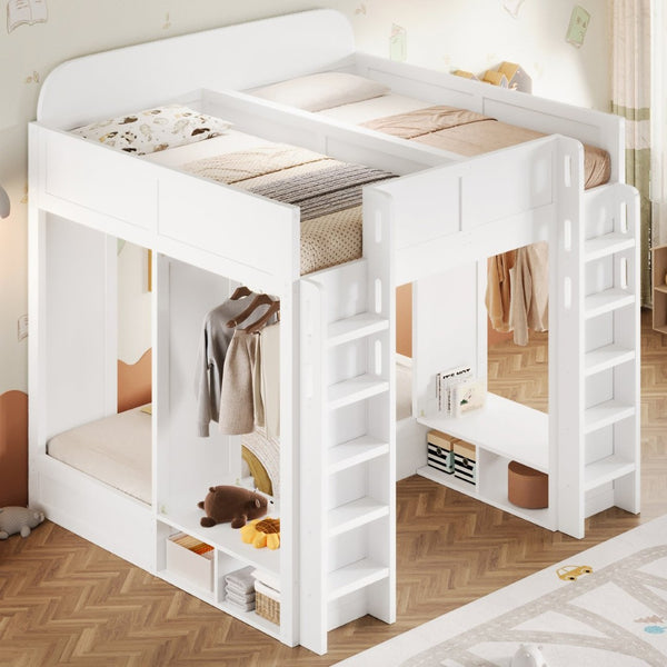 English Elm Triple Bunk Bed Wood Frame with Built in Shelves Hooks for Shared Kids Rooms White N7090004027K