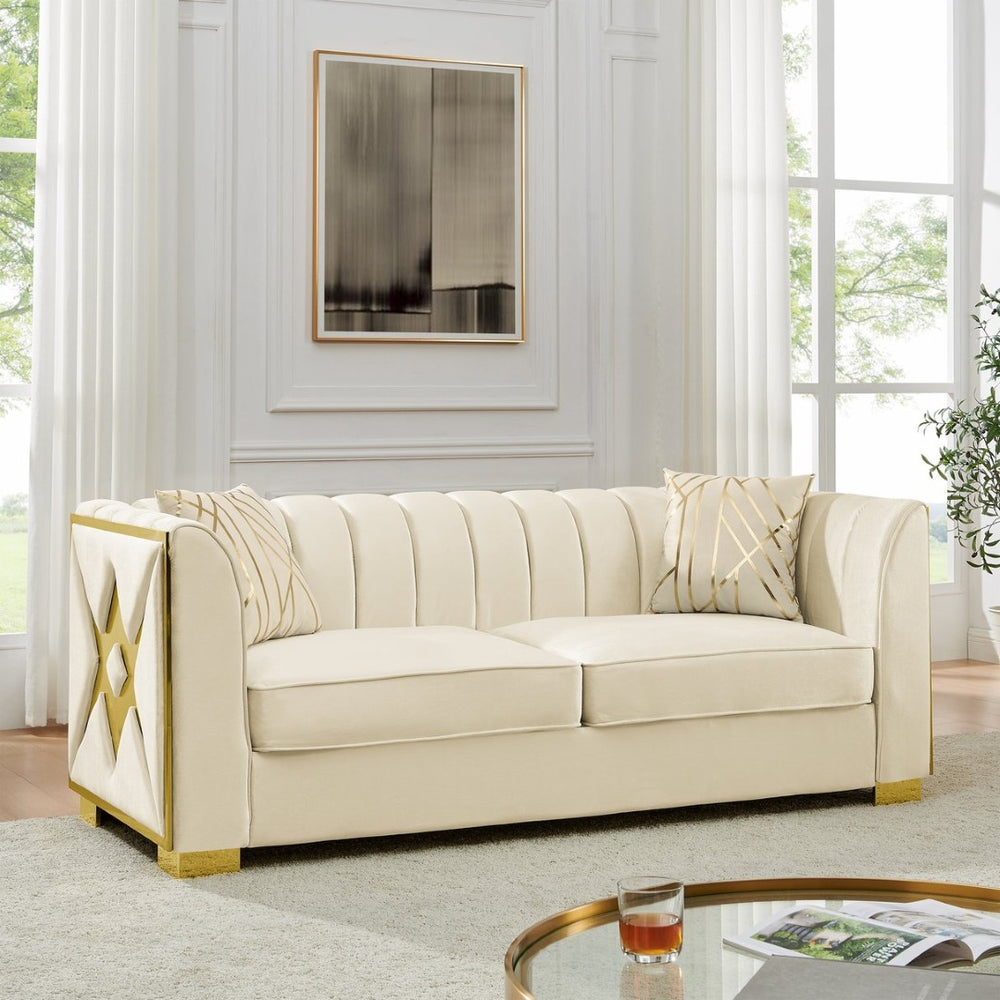 English Elm 81" Tufted Velvet Chesterfield Sofa with Gold Steel Legs for Elegant Living Rooms Beige W1191S00062