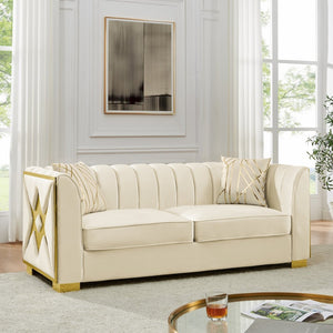 English Elm 81" Tufted Velvet Chesterfield Sofa with Gold Steel Legs for Elegant Living Rooms Beige W1191S00062
