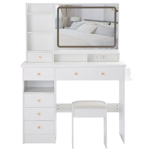 English Elm 41" Large Desktop Vanity Table Set With Cushioned Stool, Led Mirror, Power Station & Hair Dryer Stand W936P230830