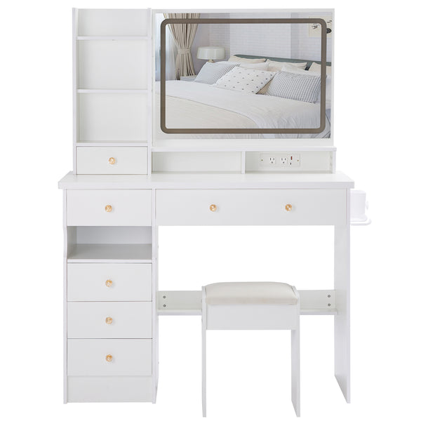 English Elm 41" Large Desktop Vanity Table Set With Cushioned Stool, Led Mirror, Power Station & Hair Dryer Stand W936P230830