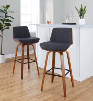 English Elm Fixed-height Swivel Barstools Mid-century Walnut Legs Charcoal Upholstered Seat Set of 2 B202S02155