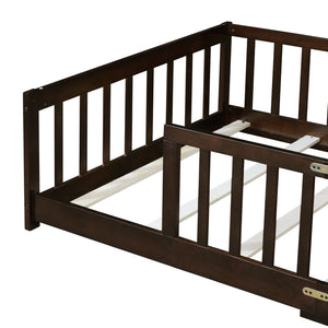 English Elm Twin Low Profile Rubberwood Floor Bed with Full Safety Fence for Toddler Rooms Espresso W504P429337