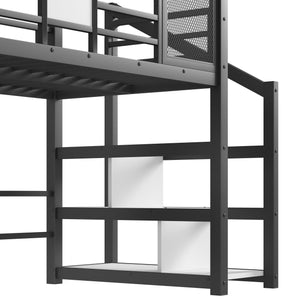 English Elm Twin House Loft Bed with Slide and Stairs, Metal Playhouse with Storage Shelves and Quiet Design Black W1580S00348