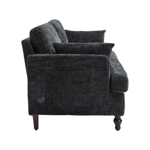 English Elm Modern chenille 2-seater sofa with LED lighting, USB charging, storage pocket, sturdy wood legs Black W395P318548
