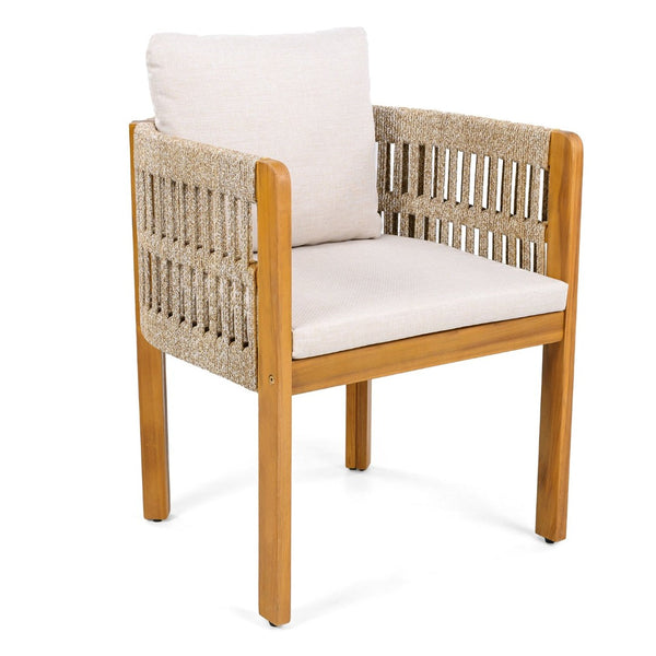 English Elm Acacia Wood Outdoor Dining Chair Set with Rope Arms and Waterproof Cushions N779P279983M