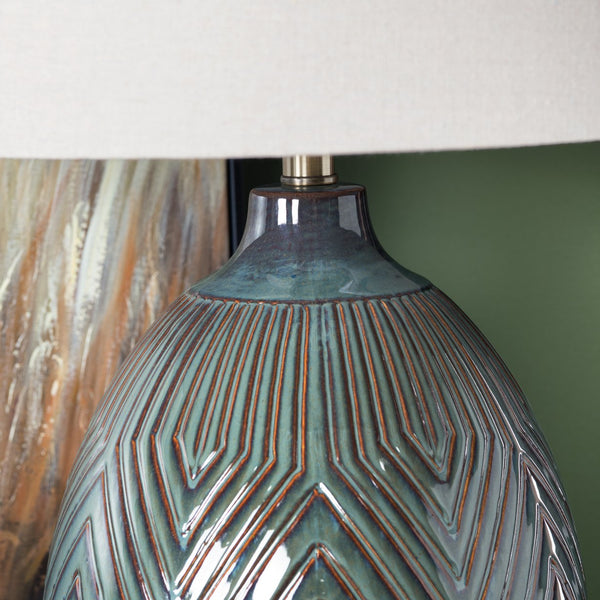 Crestview Collection 32.25" H Elegant Ceramic Table Lamp With Geometric Design, Oatmeal Shade & Modern Accents   Cvazp126