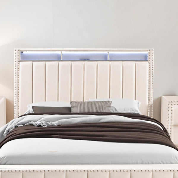 English Elm Beautiful Upholstered Full Bed with Led Lighting Storage Shelves and Channel Tufted Headboard Beige B2741S00770