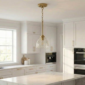 English Elm Ember Satin Brass Chain Pendant Three Candle Lights Clear Glass Dining Room B183P230892