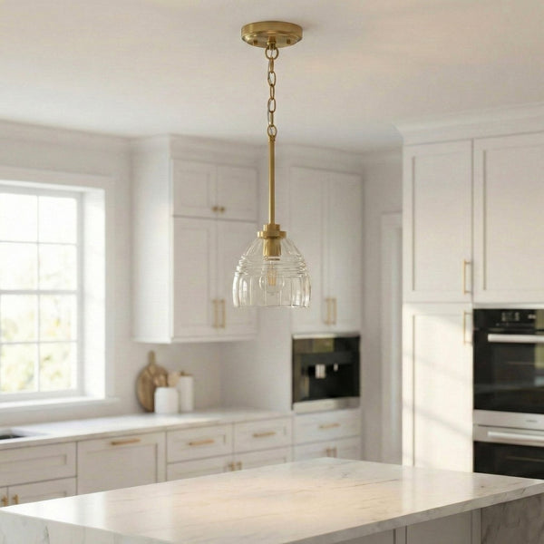 English Elm Ember Satin Brass Chain Pendant Three Candle Lights Clear Glass Dining Room B183P230892