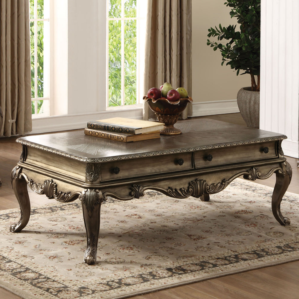 English Elm Vintage Oak Elegant Sofa Table with Dual Drawers, Full-Extension Glides & Bottom Shelf for Display and Storage B062P209111