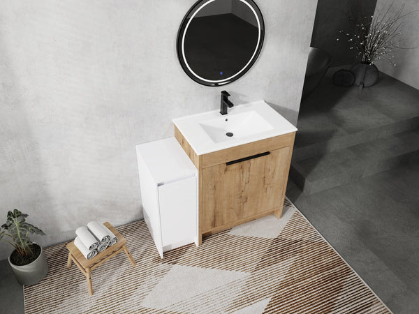 English Elm 42 Inch Freestanding Bathroom Vanity With Ceramic Sink, Soft-Close Doors & Ample Storage Solutions W999S00309
