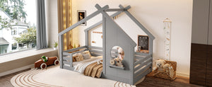 English Elm Twin House Floor Bed with Window & Shelf, Solid Wood Pitched Roof Design for Safe Cozy Sleep Grey W1580P362683