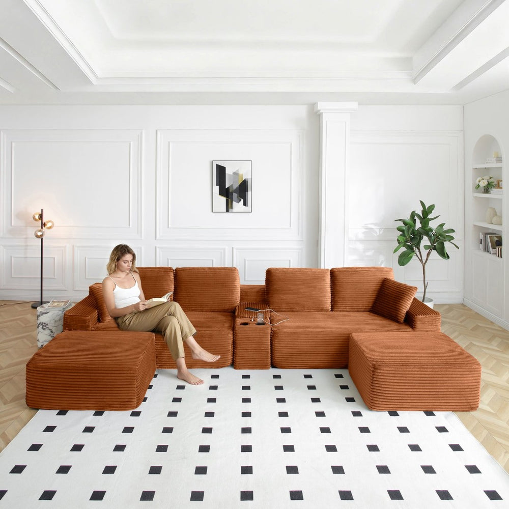 English Elm 125'' Modular L-shape Sectional Corduroy Cloud Couch with Storage and Usb Charging Orange W1117S00422