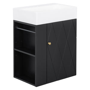 English Elm 20 Modern Wall-Mounted Bathroom Vanity with Ceramic Sink, Diamond Door, Gold Handles & Shelves — Compact Black N725P314033B