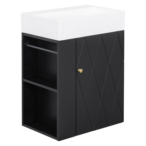 English Elm 20 Modern Wall-Mounted Bathroom Vanity with Ceramic Sink, Diamond Door, Gold Handles & Shelves — Compact Black N725P314033B