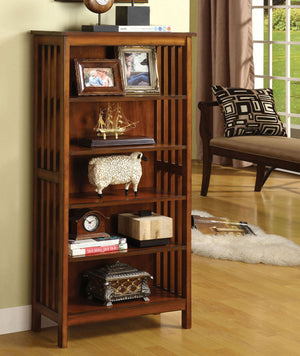English Elm Transitional Oak Media Shelf with Lattice Molding, Solid Wood Five Open Shelves 23"W x 42.5"H B2741P342788