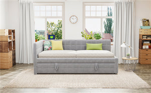 English Elm Full L-Shaped Upholstered Daybed with Pull-Out Twin Trundle, Built-In USB Ports, Modern Chic Design Gray SF000192AAE