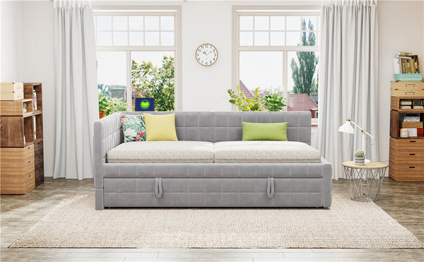 English Elm Full L-Shaped Upholstered Daybed with Pull-Out Twin Trundle, Built-In USB Ports, Modern Chic Design Gray SF000192AAE