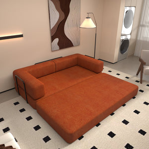 English Elm Convertible Floor Sofa Bed Orange Corduroy 3-Seat Sleeper with Cylindrical Pillow, Foldable Lounge W1960P411414